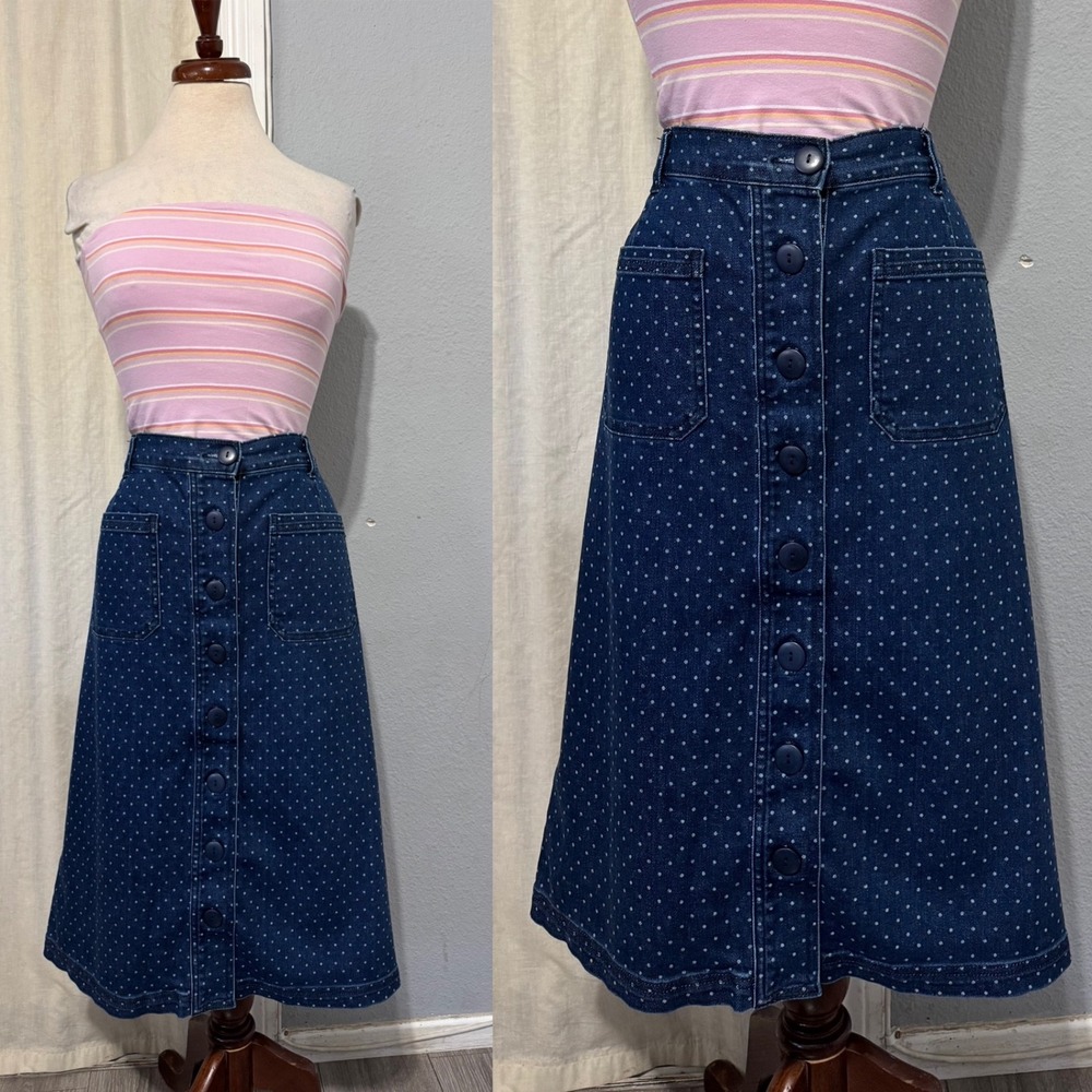 Downeast Polka Dot Denim Midi Skirt XL Indigo Blue Button Front A-Line Pockets